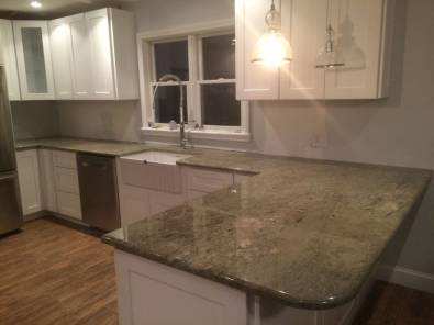 A close up of our lovely Peacock Granite kitchen